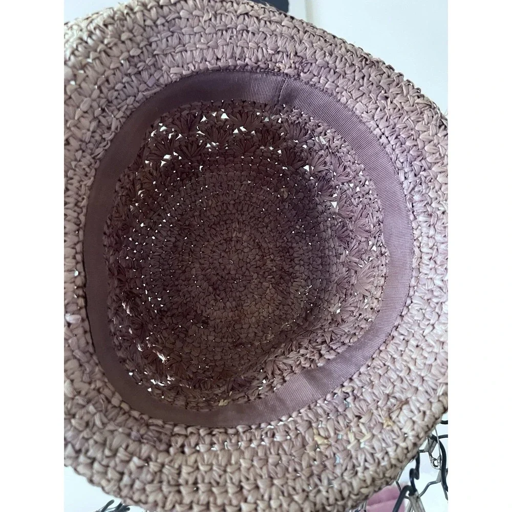 Vintage Style Handwoven Raffia Straw Cloche Sun Hat Mauve Purple Rolled‎ Brim